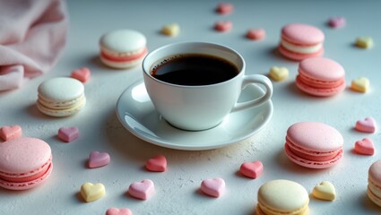 Coffee cup surrounded by pink, white, and yellow macarons and small heart-shaped candies.