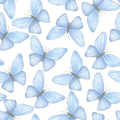 Seamless pattern with delicate flying light blue butterflies. Watercolor hand-painted illustration. Isolated element on a white background. For textiles, wallpaper, fabrics, packaging, decoration.