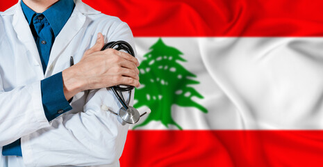 Doctor with stethoscope on Lebanon flag. Doctor holding stethoscope on Lebanon flag