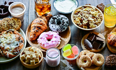 Food products high in added sugar. Junk food