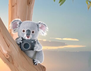 A koala holding a camera in a tree at sunset