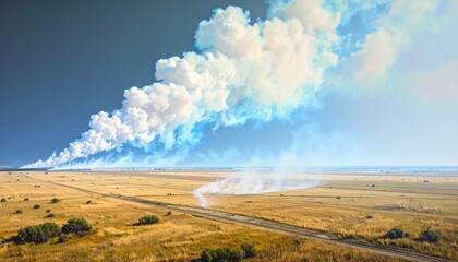 Fototapeta premium Extensive smoke trails over dry golden fields, environmental impact visible.