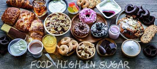 Food products high in added sugar. Junk food