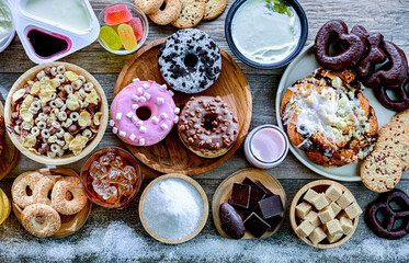 Food products high in added sugar. Junk food