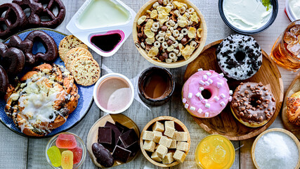 Food products high in added sugar. Junk food