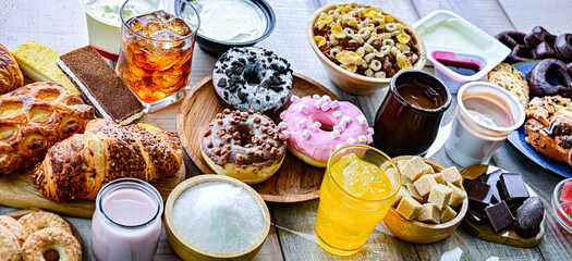 Food products high in added sugar. Junk food