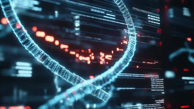 Futuristic dna double helix rotating with digital data stream flowing - Powered by Adobe