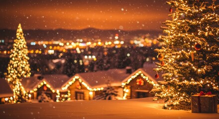 Christmas scene shows illuminated houses and trees in a snowy winter landscape.