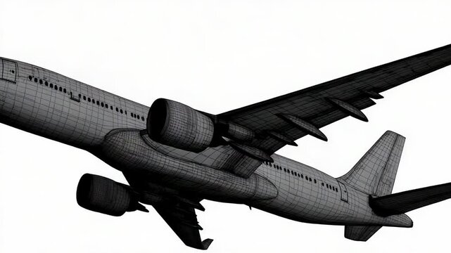 Wireframe airplane taking off on white background - Powered by Adobe