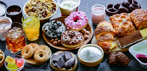 Food products high in added sugar. Junk food