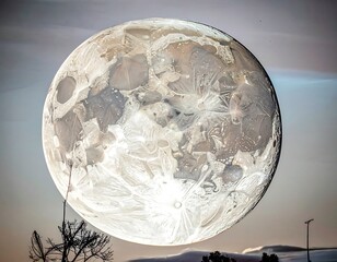 A large, stylized moon image with a frosted, textured surface