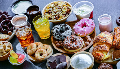 Food products high in added sugar. Junk food