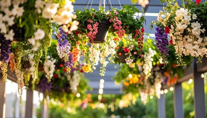 Obraz premium Hanging floral pots with colorful blossoms, conveying freshness, vibrance, and decorative charm. 