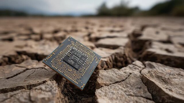 A computer chip is laying on the ground. The chip is black and silver. Semiconductor chip breaking through cracked earth surface, semiconductor shortage dramatic scarcity concept