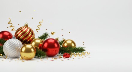 Christmas ornaments with pine needles and gold confetti on a white background.