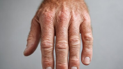 Fototapeta premium A hairless hand of a years-old male extends forward, highlighting its clean appearance and distinct texture against a neutral background, illustrating the intricacies of human skin