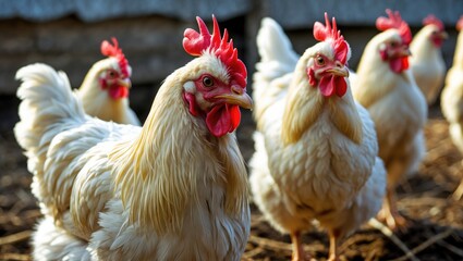 Fototapeta premium Group of chickens with white feathers and red combs in a farmyard. Poultry and farm animals. Rural farming and agriculture. The presence of chickens on a farm.