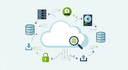 A cloud computing concept illustration displaying data flow and server connections with various icons.