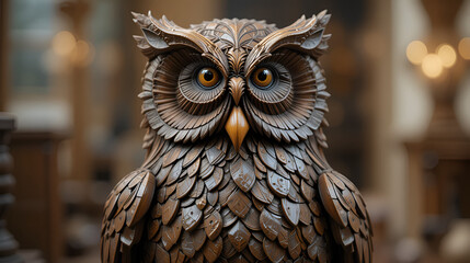 Ornate wooden owl sculpture