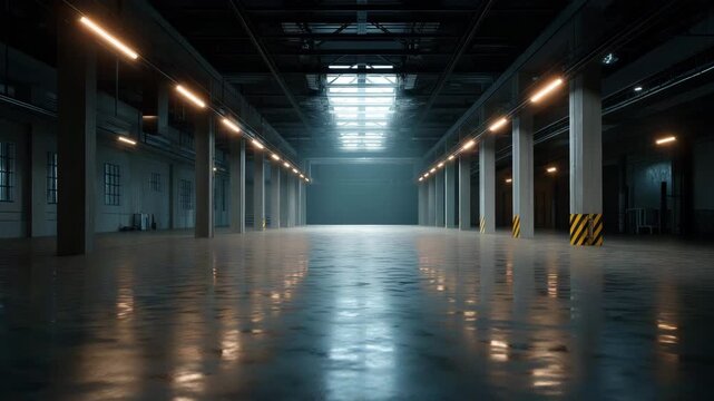 A large empty warehouse with a yellow and black sign on the wall. The floor is wet. Semiconductor chip glowing dimly in empty dark warehouse, semiconductor shortage dramatic muted scarcity tone