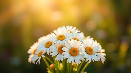 Fototapeta premium A fresh daisy bouquet basks in sunlight, with delicate blooms against a soft focus background.