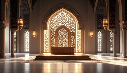 Interior with Ornate Arches and Hanging Lanterns, Light Streaming Through