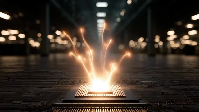 A computer chip is lit up in a dark room. The chip is on a table. Semiconductor chip glowing dimly in empty dark warehouse, semiconductor shortage dramatic muted scarcity tone