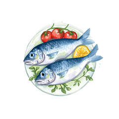Pair of fresh blue fish on a plate with tomatoes and lemon. Great for recipe layouts or food-themed printables.