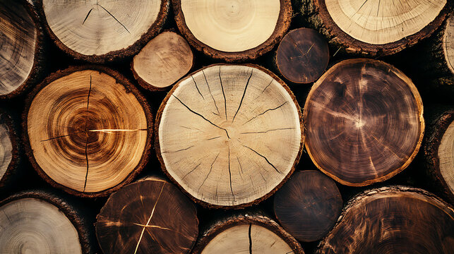Stacked Cross-Sections of Tree Trunks Displaying Natural Growth Rings and Textures