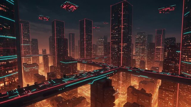 Futuristic cityscape with neon lights and hover cars