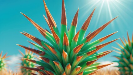Fototapeta premium Close-up of a cactus with sharp spines under bright sunlight with a clear blue sky. Nature and desert flora, plant, natural environment. The concept of resilience and adaptation in plants.