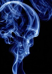 Intricate blue smoke patterns create a striking, abstract skull-like shape against a dark background.