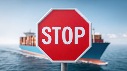 A prominent red stop sign hovers over a large cargo ship navigating through calm waters under a clear sky. This image symbolizes the importance of safety in maritime operations