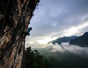 Climber ascends rocky face, misty valley below