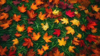 Fototapeta premium Colorful autumn leaves scattered on green grass.