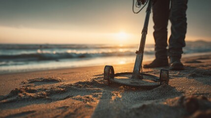A man is intently scanning the sandy shore with a metal detector as the sun sets over the ocean, casting golden hues across the beach and water