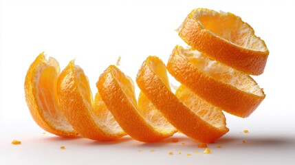 A mandarin orange is peeled in a vertical spiral, revealing its juicy inner layers and bright orange color. The fruit is artfully arranged to highlight its vibrant segments and texture