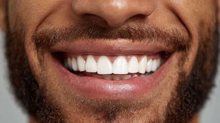 A man smiles widely, revealing well-aligned, bright teeth and smooth lips. His cheerful expression radiates happiness and confidence, creating a positive atmosphere