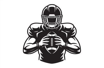 American football player quarterback holding ball in throwing stance. Black and white vector illustration. Sports athlete drawing. Retro style ink sketch for game, competition, or team design.