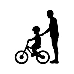 Fototapeta premium Father teaches son how to ride a bike in silhouette vector art