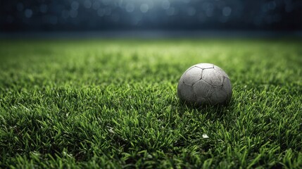 Fototapeta premium A silver soccer ball lies on vibrant green grass under the lights of a stadium during the evening. The blurred backdrop adds a sense of anticipation and excitement for the game ahead