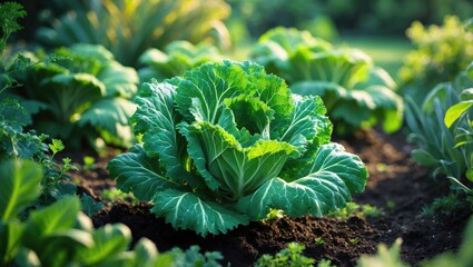 Lettuce plant growing in vegetable garden with lush green leaves. Organic farming and gardening concept. Fresh vegetables. The concept of healthy eating and sustainable agriculture.