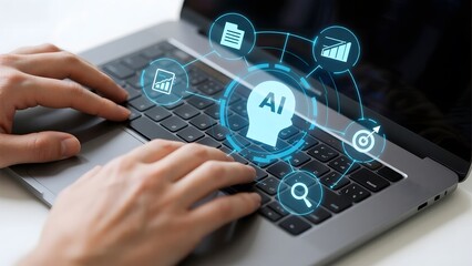 Hands typing on a laptop with an AI concept overlay featuring interconnected icons