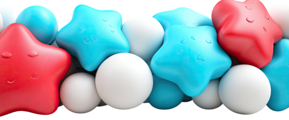 Colorful 3D star and sphere shapes in red, blue, and white