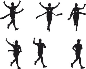 Silhouette of Marathon Runners Finishing Race with Victory Poses and Ribbon, Athletic Sports Competition Vector Illustration Isolated on White