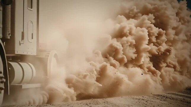 Dust Cloud: The image shows a heavy-duty truck enveloped in a massive cloud of dust, The photograph portrays a scene of environmental impact, featuring gritty textures, and dramatic lighting.