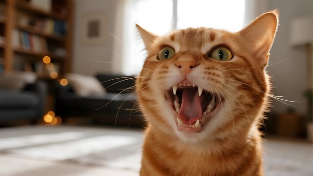 Close-up of an orange tabby cat with an open mouth, appearing to yawn or meow in a cozy living room. - Powered by Adobe