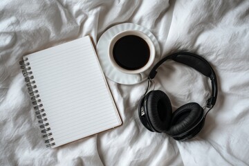 A cup of coffee sits with headphones and notepad on a white sheet.