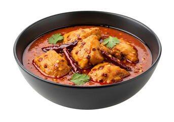 A rich, vibrant dish of chicken curry, garnished with red chilies and cilantro, sits beautifully in a dark bowl, against a black background.