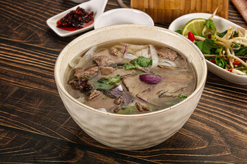 Vietnamese Pho Bo soup with beef and noodles
